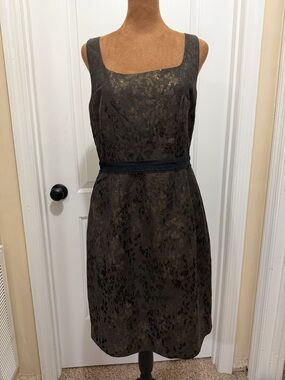 Elie Tahari Black and Gold Floral Metallic  Midi Dress